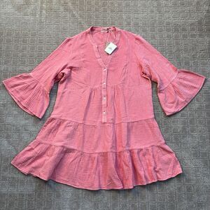 Faherty Kasey Dream Gauze Tiered Mini Dress Women's L Coral Organic Cotton NWT